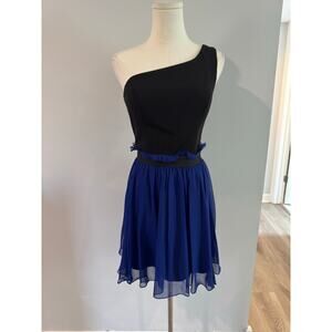 Jay Godfrey Black and Blue Color Block One Shoulder Silk Cocktail Dress Size 2